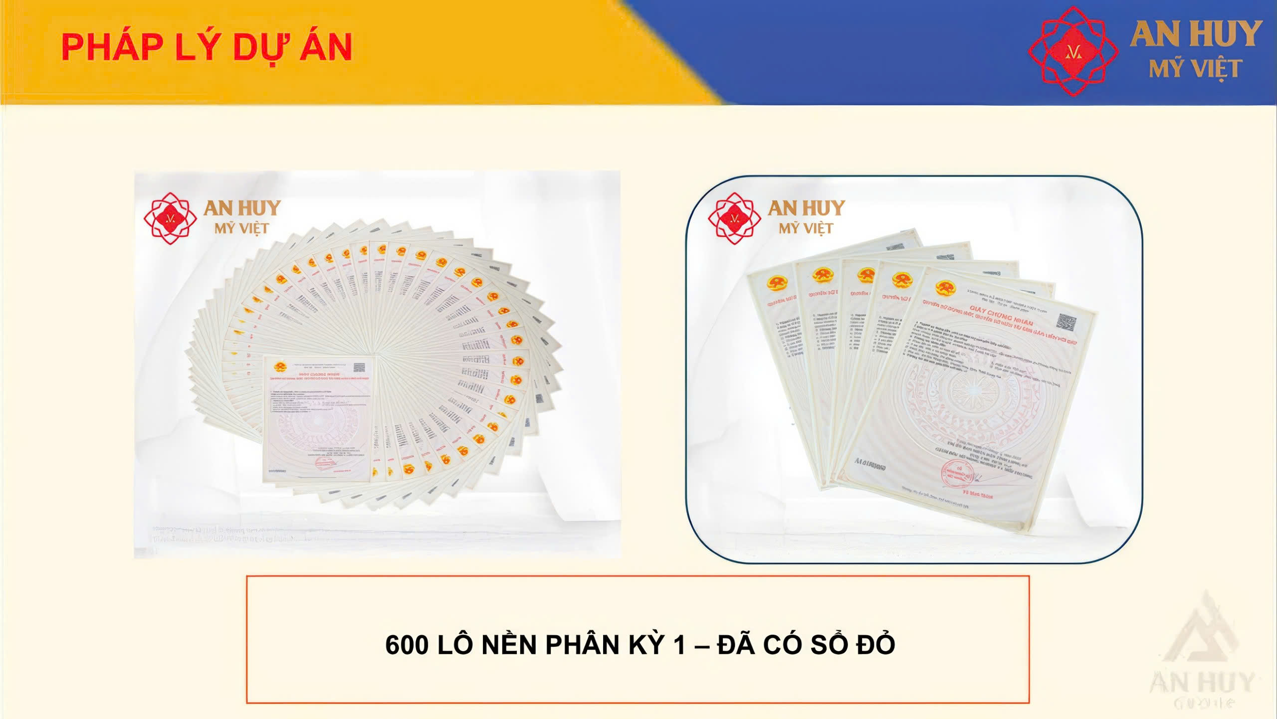 KHU ĐÔ THỊ AN HUY MỸ VIỆT PHÁP LÝ VỮNG VÀNG ĐẦU TƯ BỀN VỮNG Dự án An Huy Mỹ Việt cung cấp sổ đỏ từng nền cho từng khách hàng. Các thủ tục bàn giao cũng được chủ đầu tư hỗ trợ nhanh chóng.